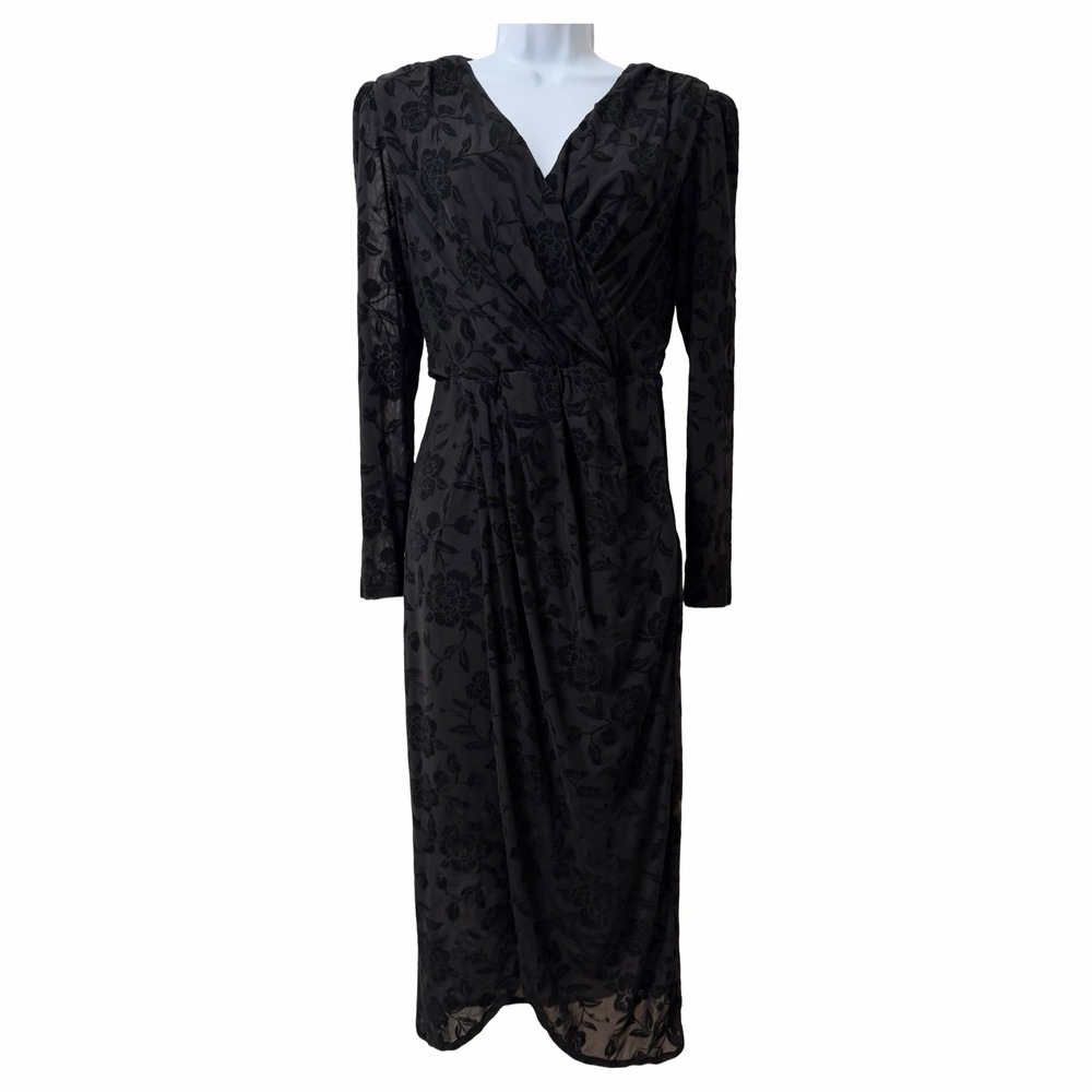 Ivy City Co Womens Amaya‎ Velvet Burnout Midi Dress Size S Black Bodycon Event